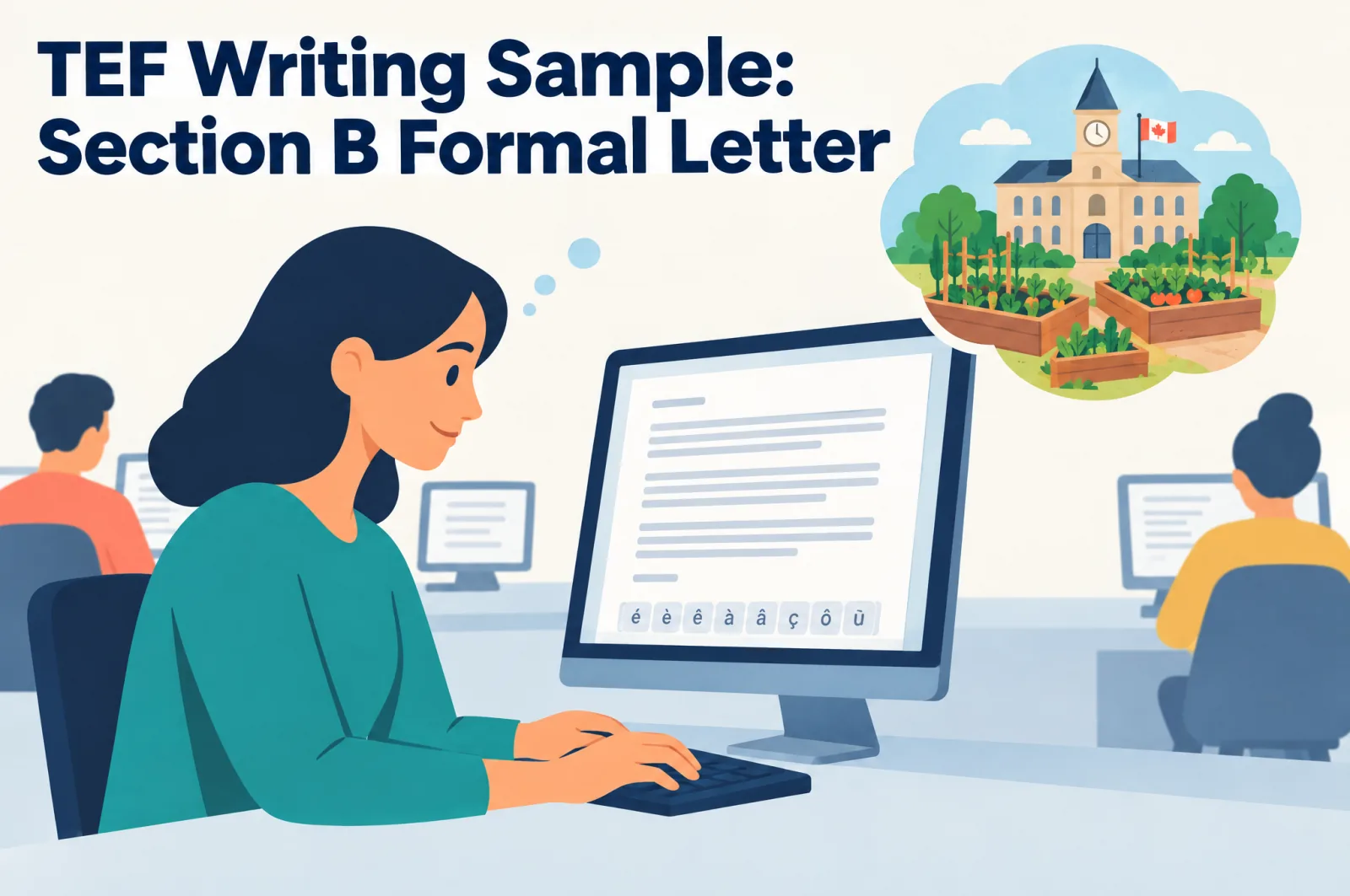 TEF writing sample, Section B formal letter: a candidate types the letter to the mayor on the TEF Canada exam computer