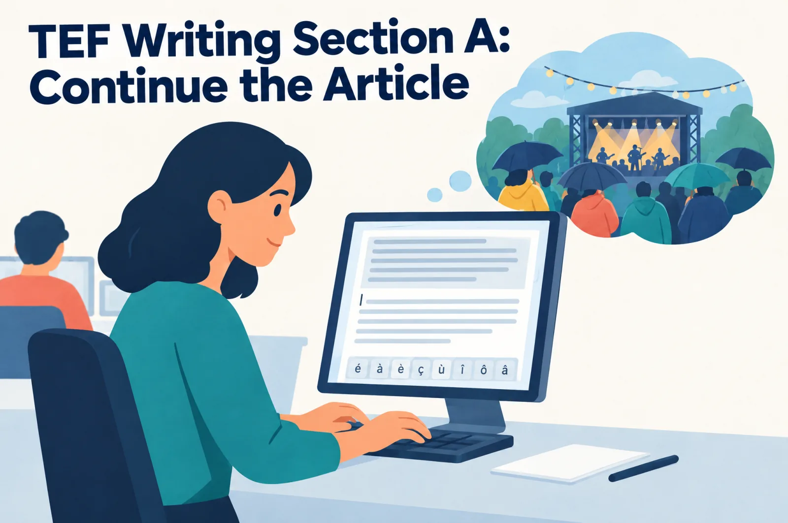 TEF writing Section A (task 1): a TEF Canada candidate continues the news article on the exam computer, accent keyboard on screen