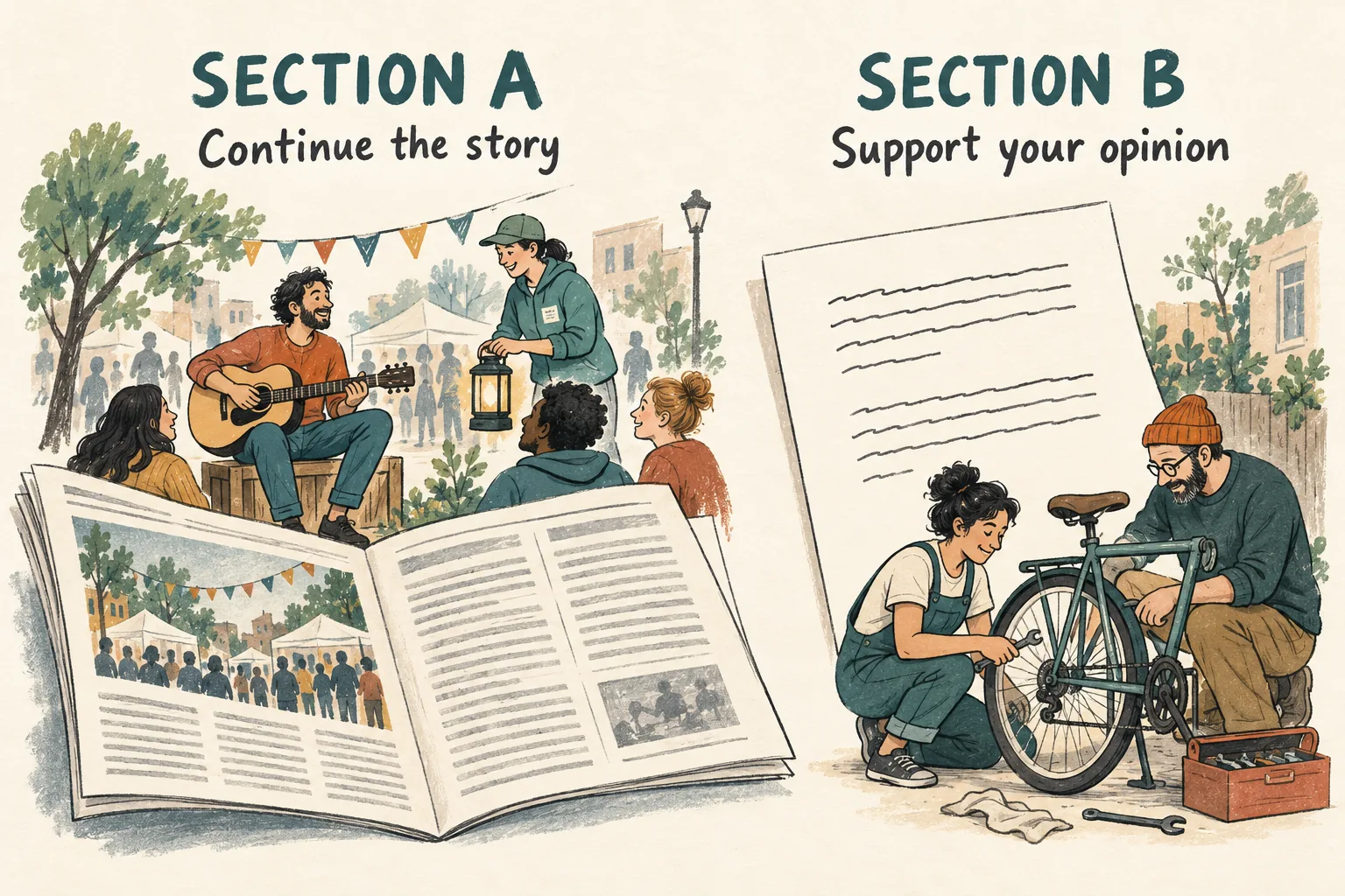 TEF Canada writing test format: Section A continues a news story, Section B defends a point of view