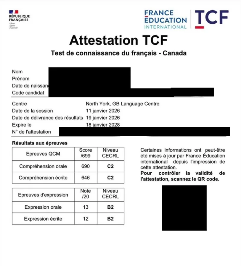 TCF Canada attestation with C2 comprehension scores