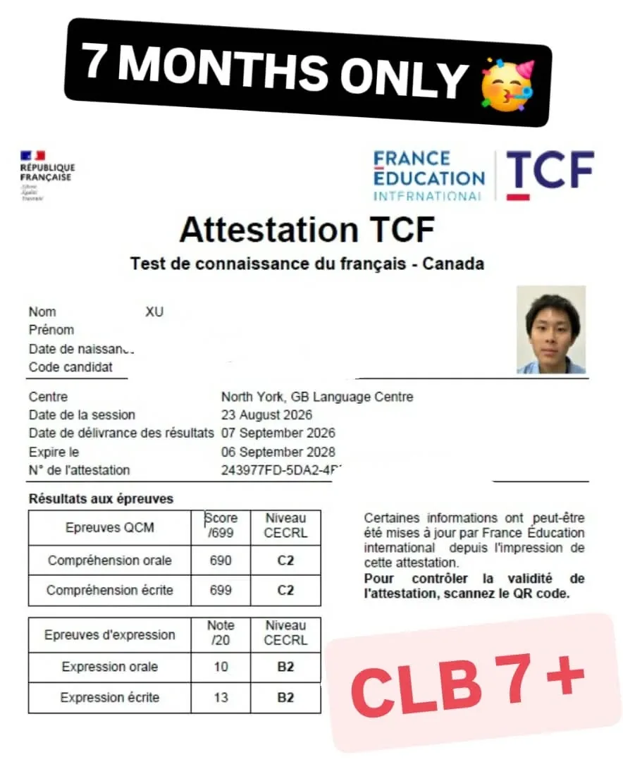 TCF Canada attestation from a TFA student: C2 comprehension and B2 expression, CLB 7 and above in 7 months