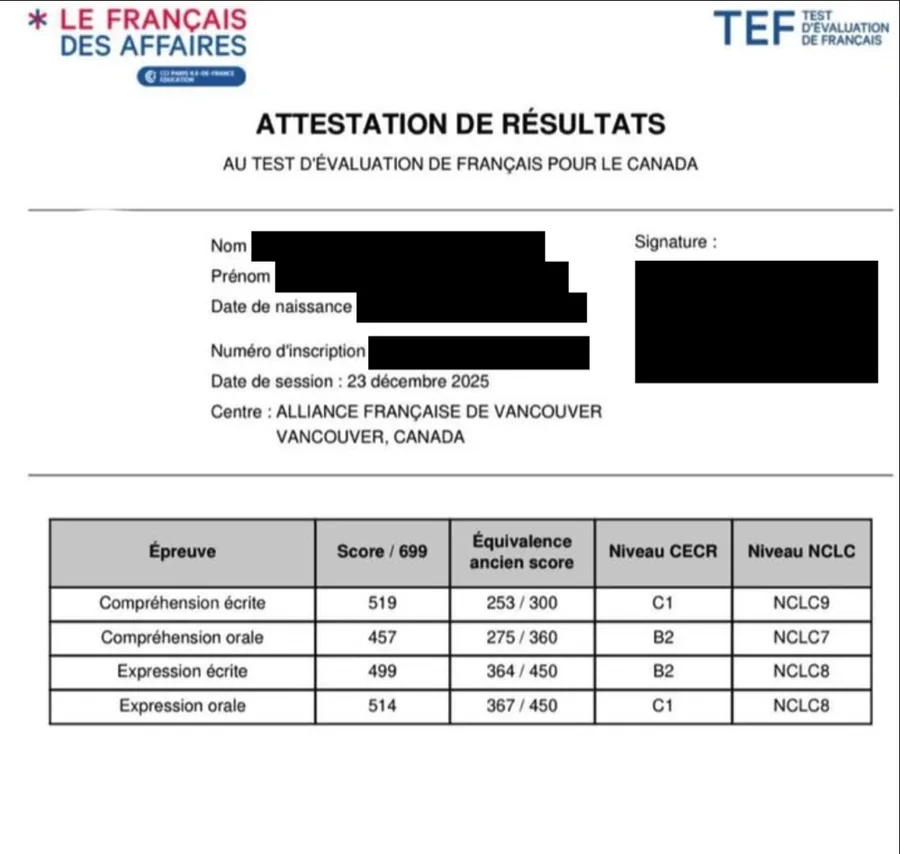 TEF Canada attestation, NCLC 7 to 9