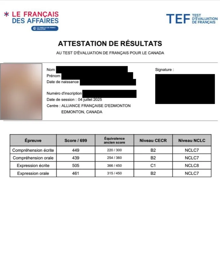 TEF Canada attestation, NCLC 7 and 8 in all skills
