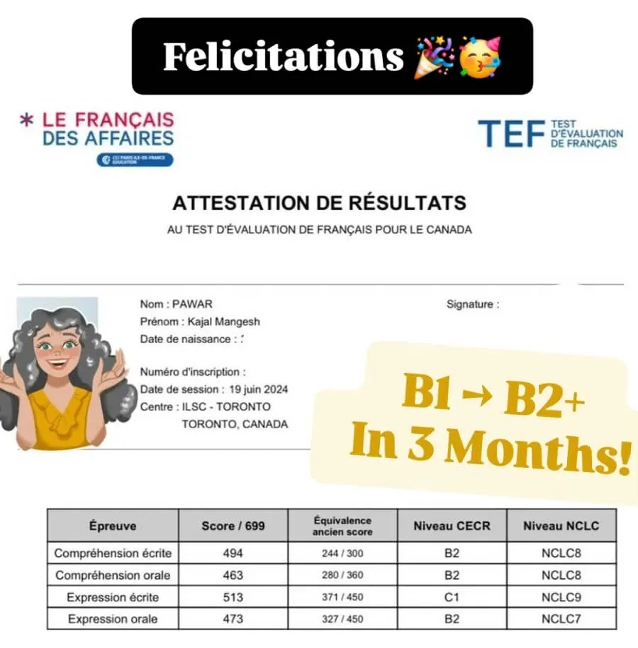 TEF Canada attestation from a TFA student: B2 and C1 scores, NCLC 7 to 9, from B1 to B2 in 3 months
