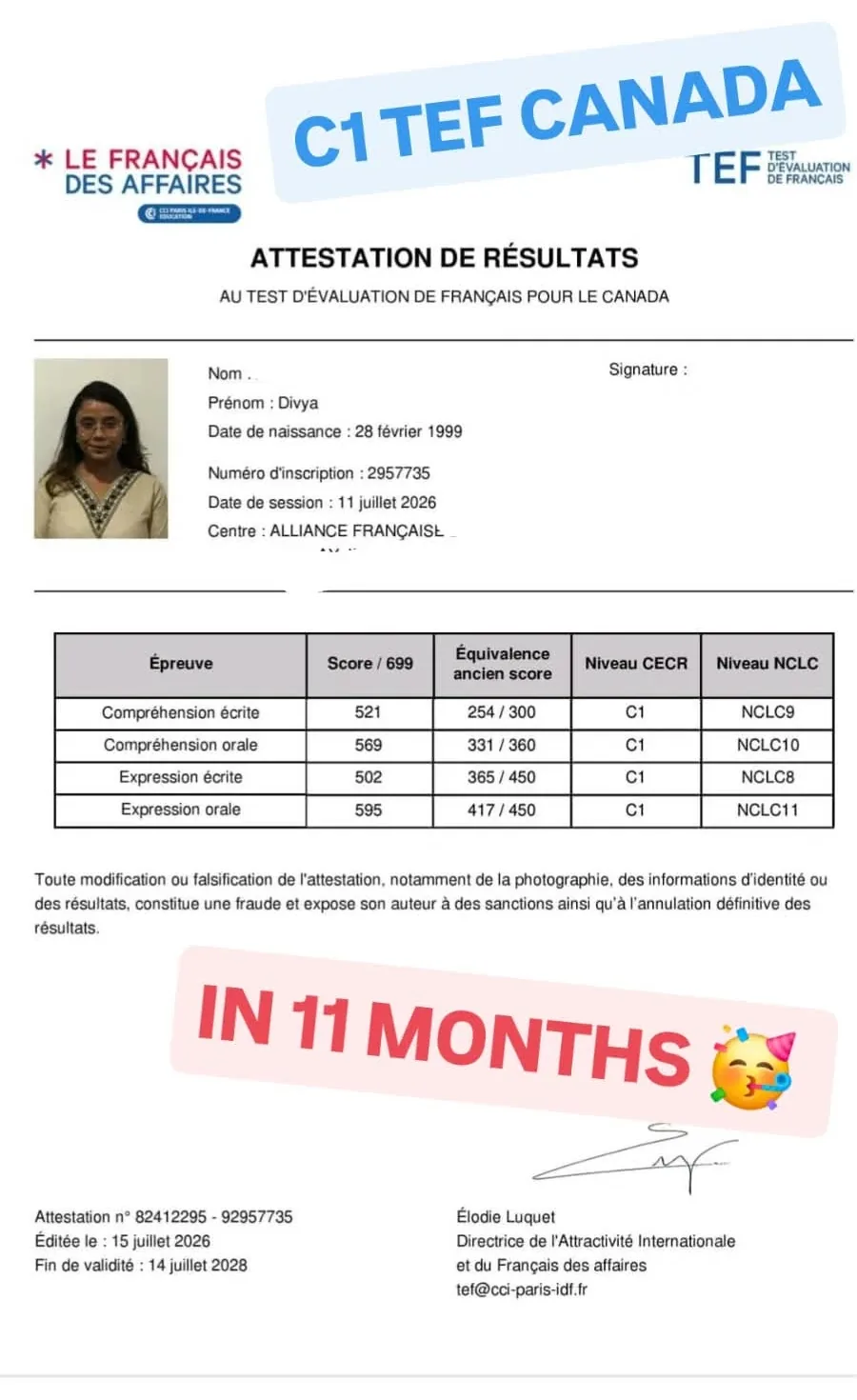 TEF Canada attestation from a TFA student: C1 in all four skills, NCLC 8 to 11, achieved in 11 months