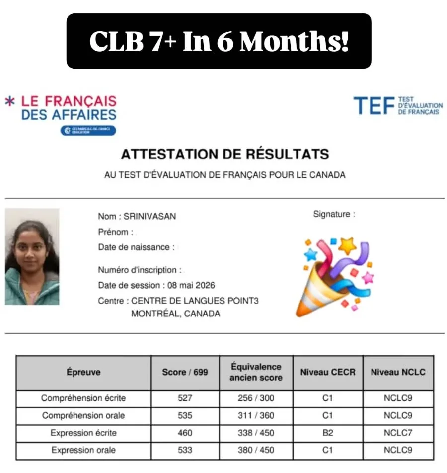 TEF Canada attestation from a TFA student: NCLC 7 to 9, CLB 7 and above in 6 months