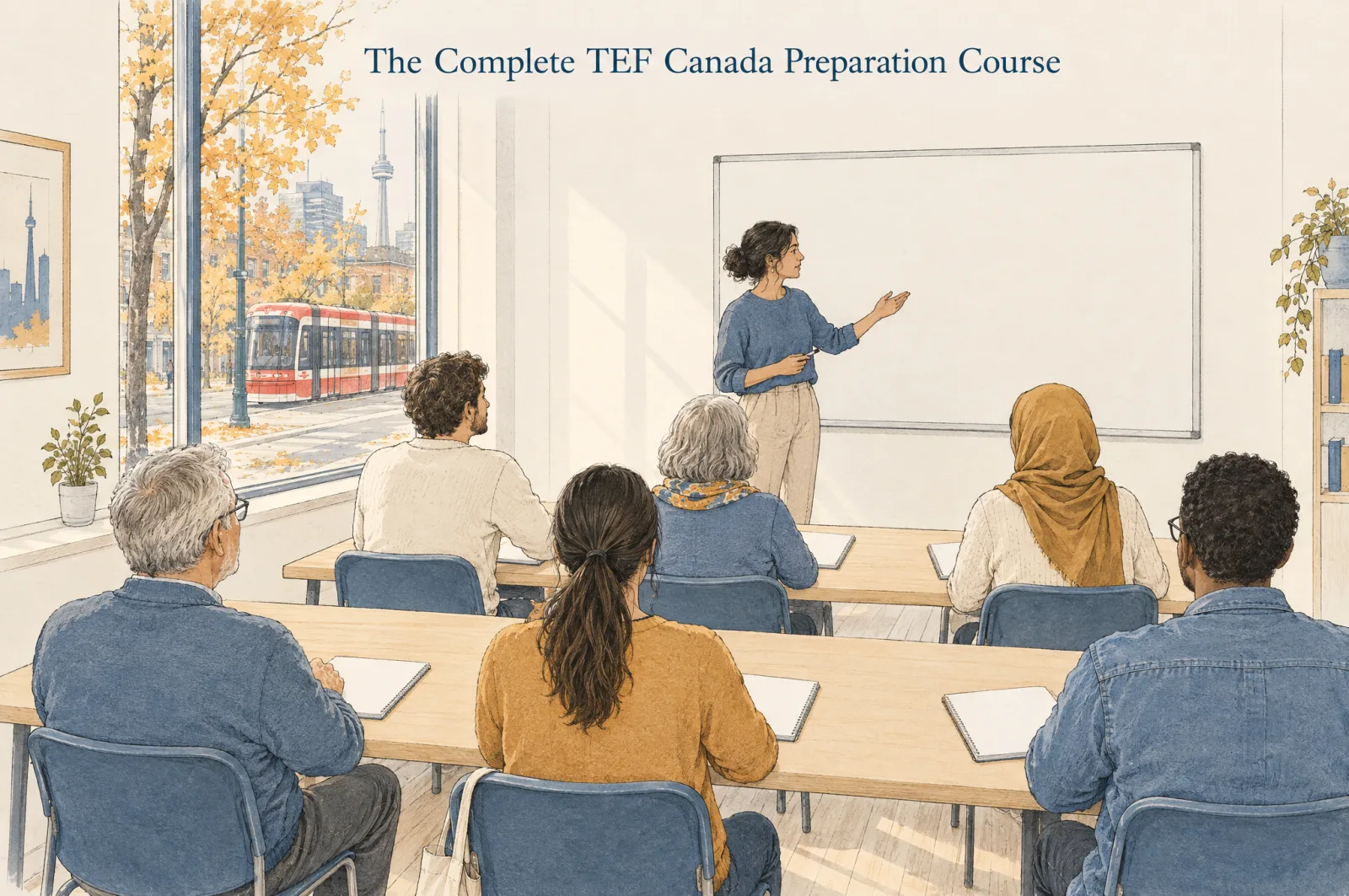 The complete TEF Canada preparation course: a tutor teaching a small adult class in Toronto, with a streetcar and the CN Tower outside the window