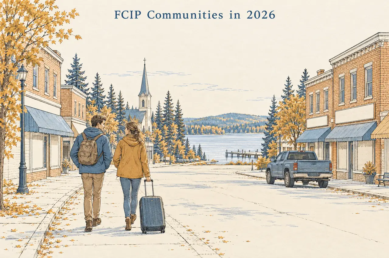 FCIP communities in 2026: a couple with a suitcase arriving on the main street of a small lakeside town