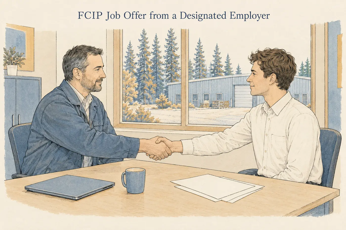 FCIP job offer from a designated employer: a manager and a candidate shake hands across a desk in a small-town office
