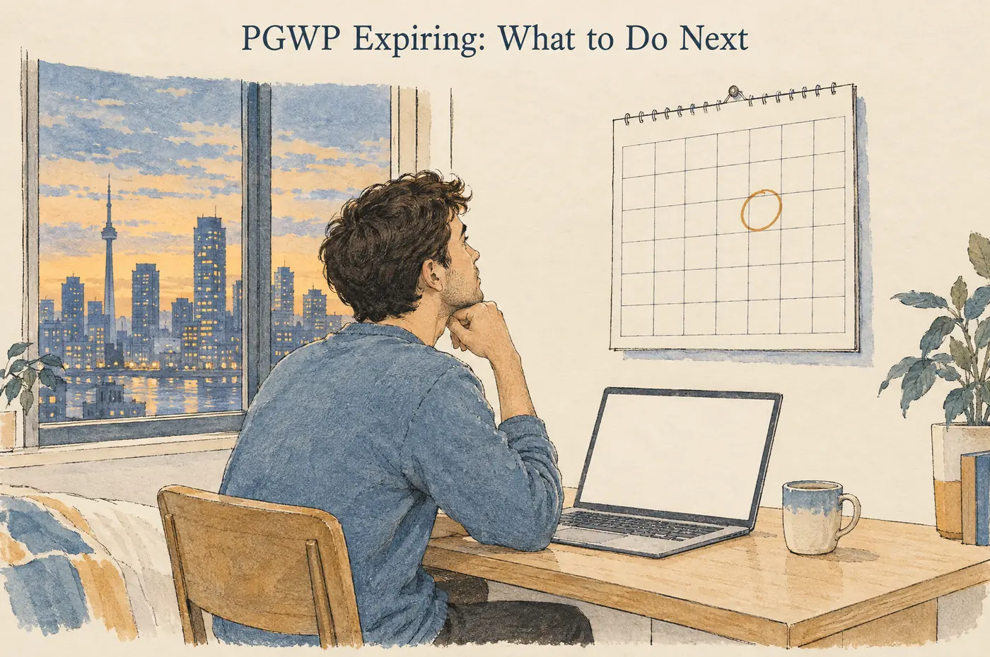 PGWP expiring: a graduate at his desk in Toronto looking at the expiry date circled on a wall calendar