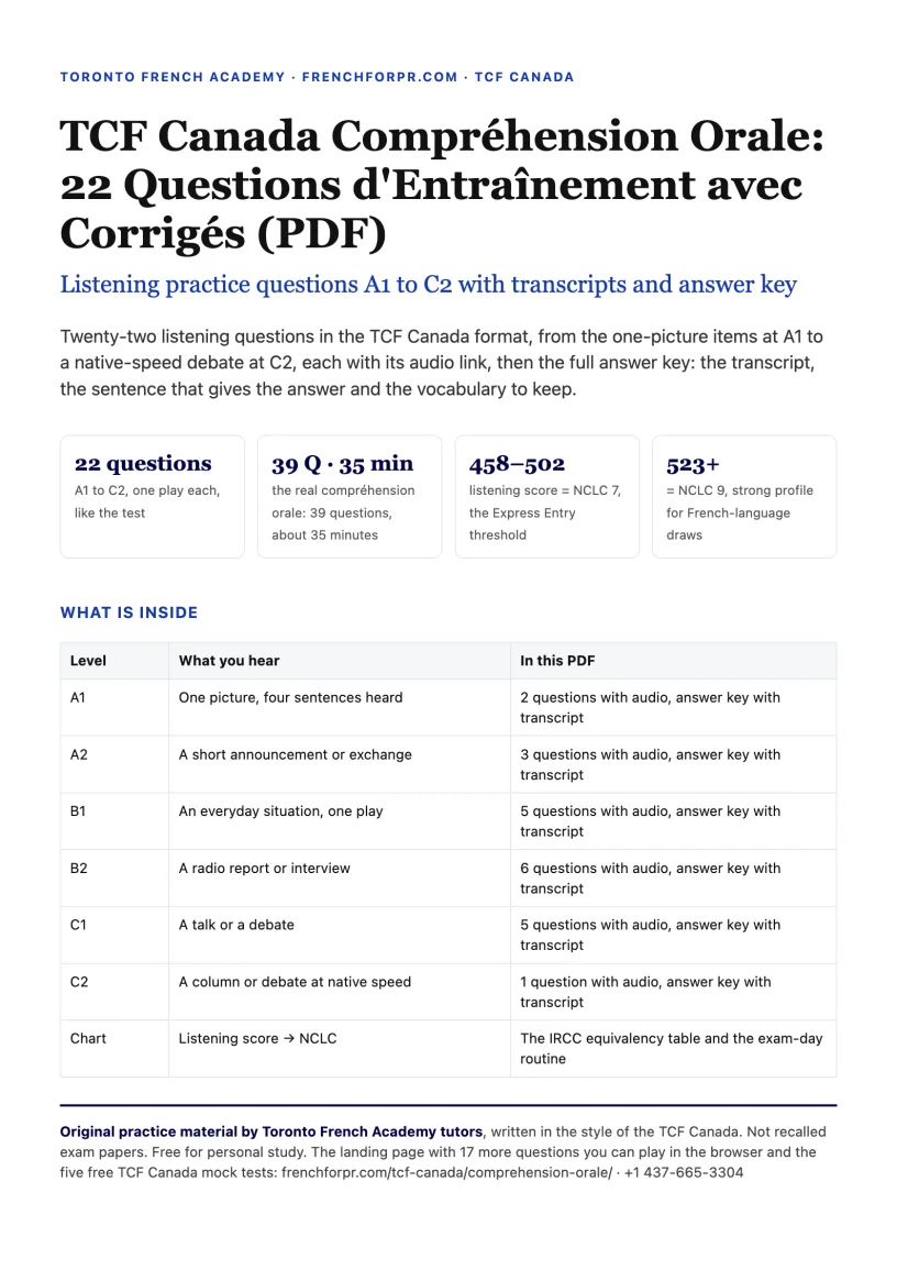 Cover of the PDF TCF Canada Compréhension Orale: 22 Questions d'Entraînement avec Corrigés, TCF Canada listening practice questions with transcripts and answer key