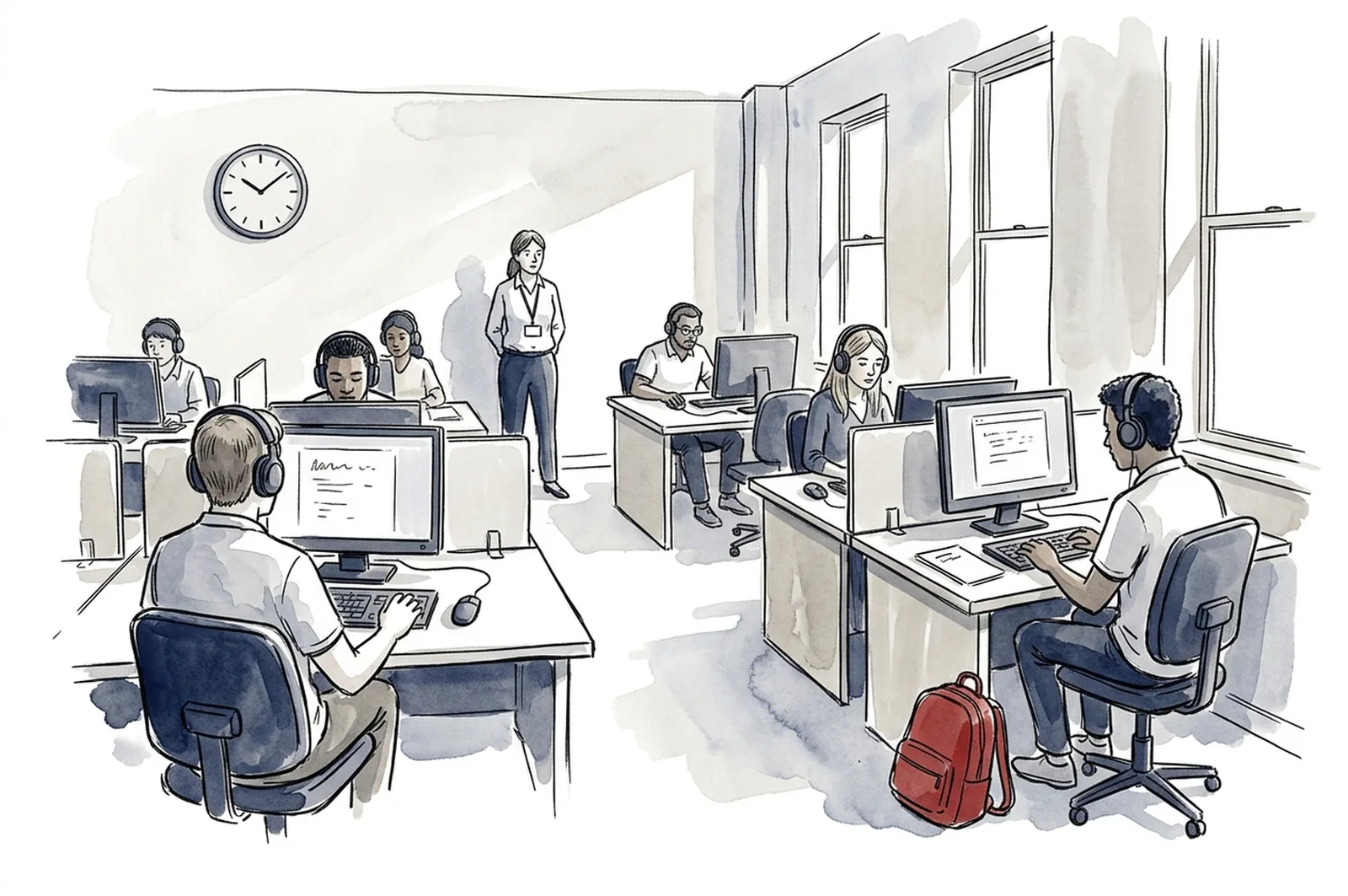 A TCF Canada test room during the compréhension orale, candidates with headphones at computers answering the listening questions