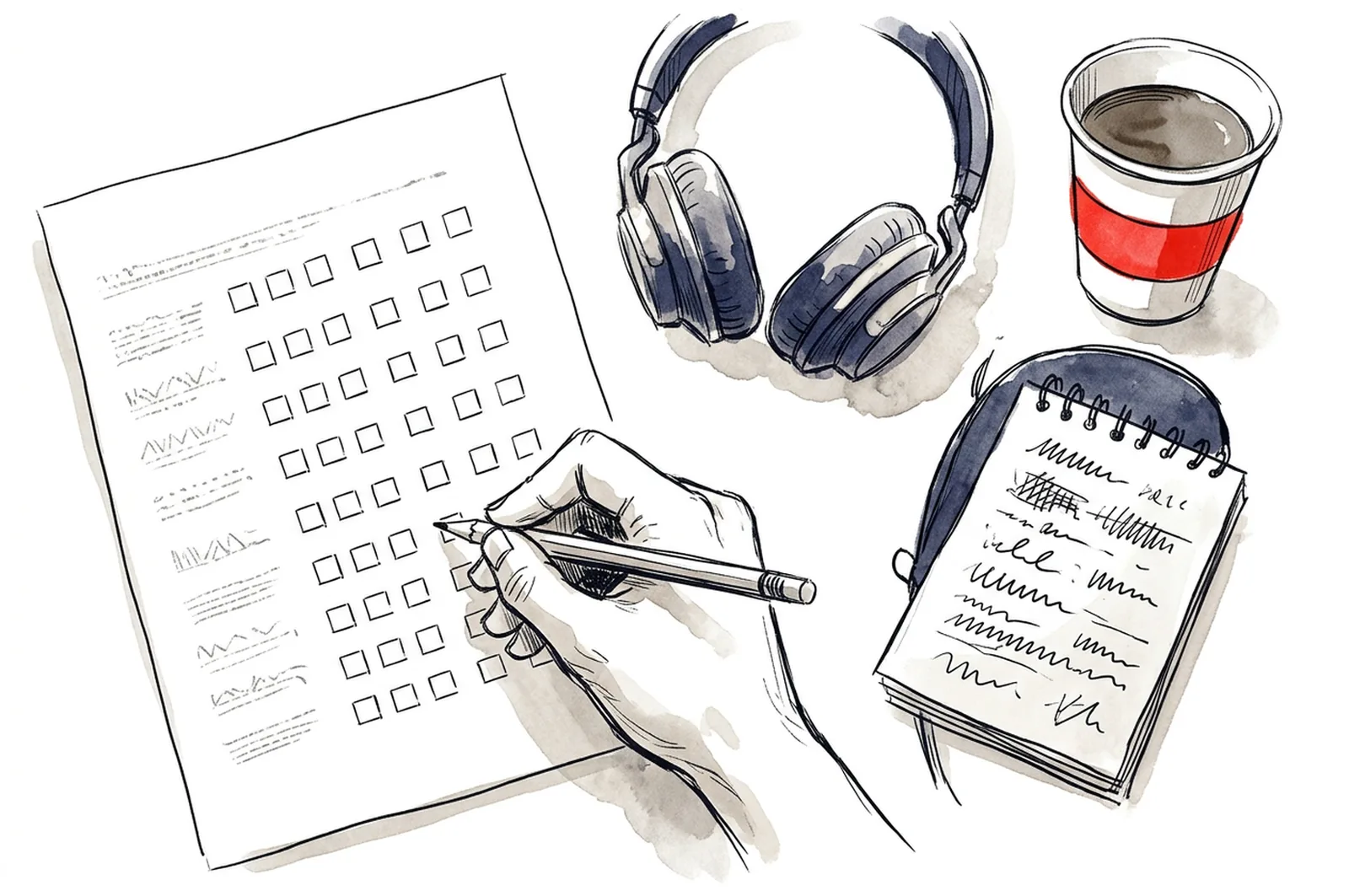 A desk seen from above with headphones, a TCF Canada listening answer sheet and a pencil, the candidate noting a number and a name while the recording plays