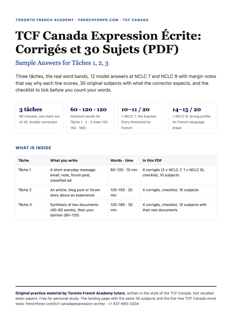 Cover of the PDF TCF Canada Expression Écrite: Corrigés et 30 Sujets, sample answers for Tâches 1, 2, 3