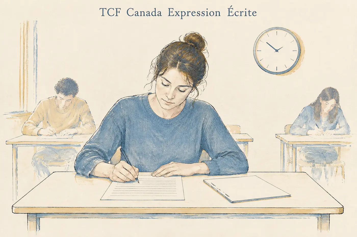 A TCF Canada exam room during the expression écrite, candidates writing the three tâches on paper