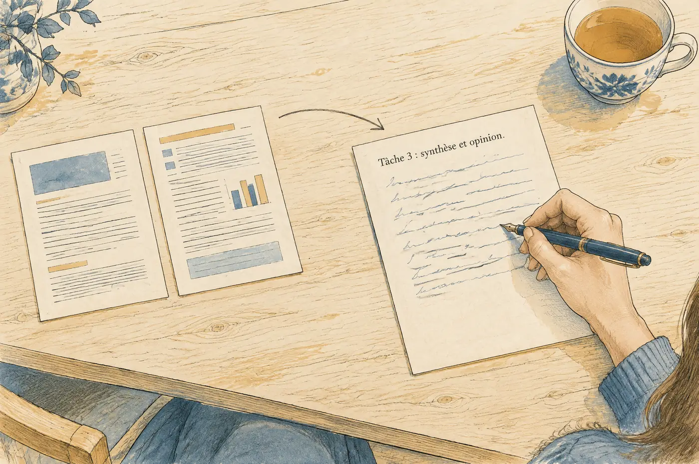 A desk seen from above with the TCF Canada Tâche 3 answer sheet: a synthesis of two documents, then the candidate's opinion