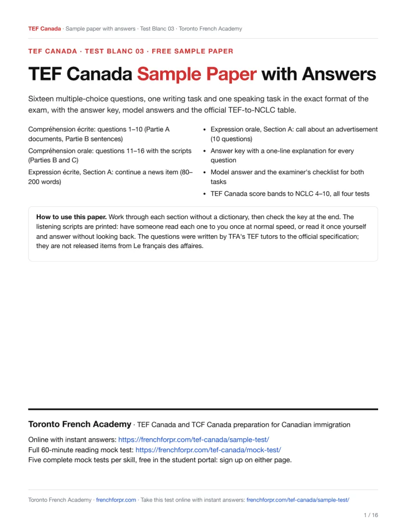 Cover of the TEF Canada sample paper with answers (PDF)