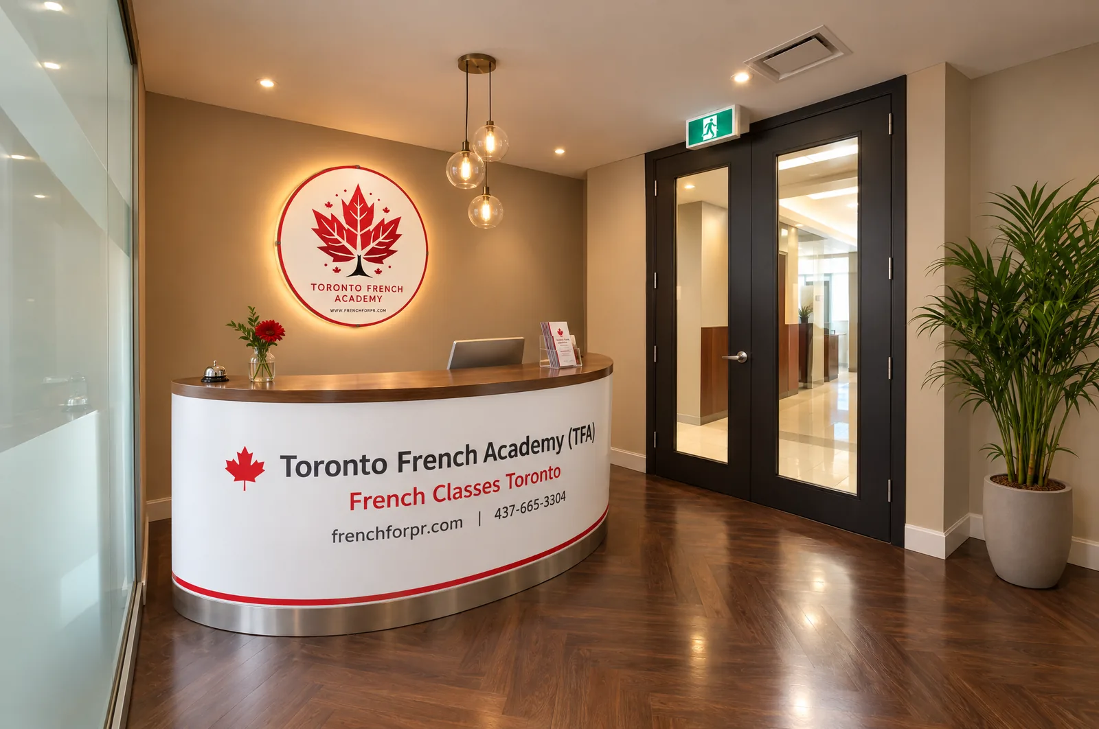 Reception desk at Toronto French Academy's downtown Toronto centre, 1100 University Ave, with the TFA French Classes Toronto sign